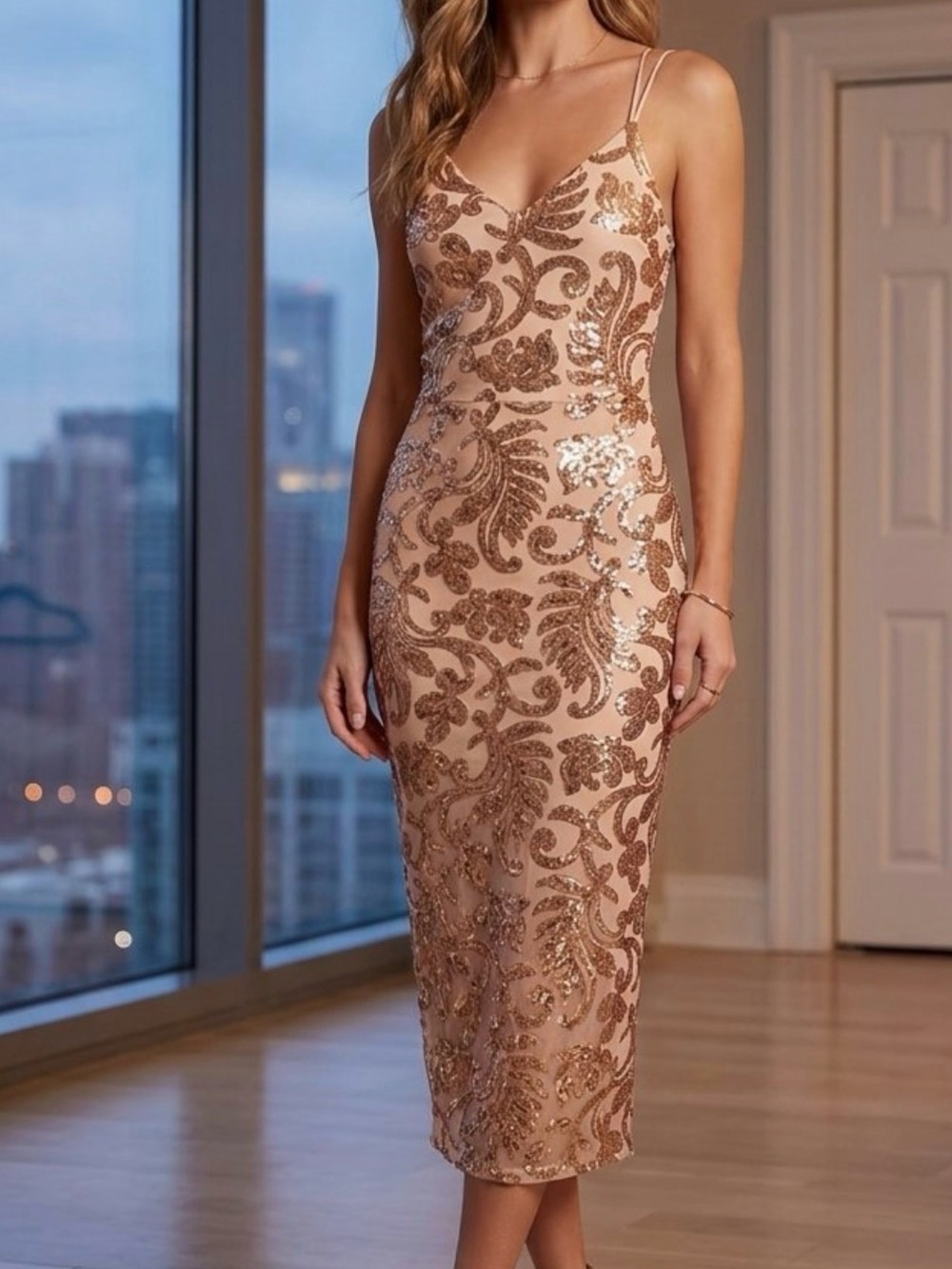 bebe Gold Sequin Embroidered Open Lace-Up Back Bodycon Midi Dress size M